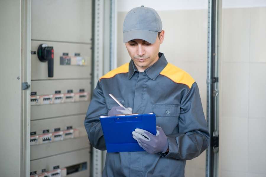 An electrician inspecting an electrical panel while planning to rewire or repipe a house.
